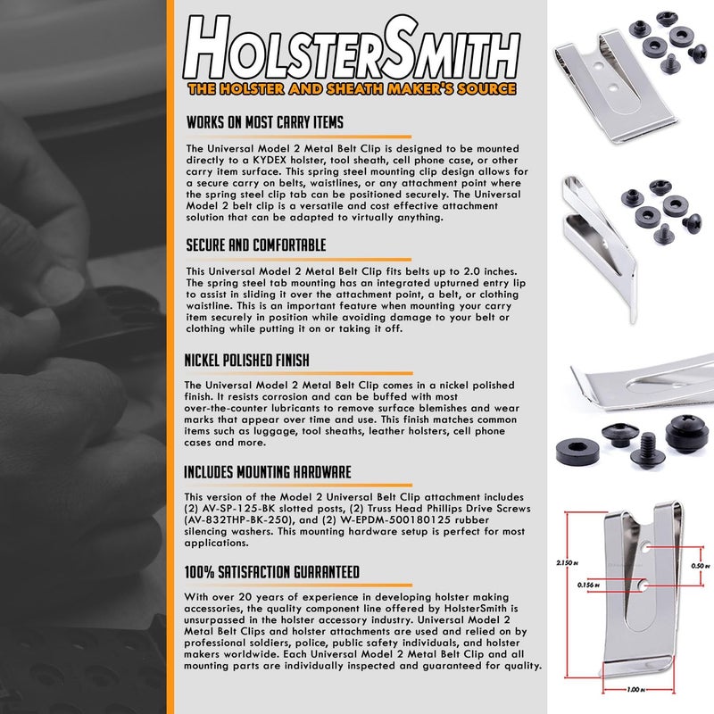 Holstex HolsterSmith Universal Metal Belt Clip - fits up to 2.0 inch Belts - Nickel & Black Finish – with Mounting Hardware - Image 5